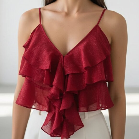 NWT REVOLVE RUMORED Tango tank top tiered chiffon red sparkle M - Picture 8 of 8